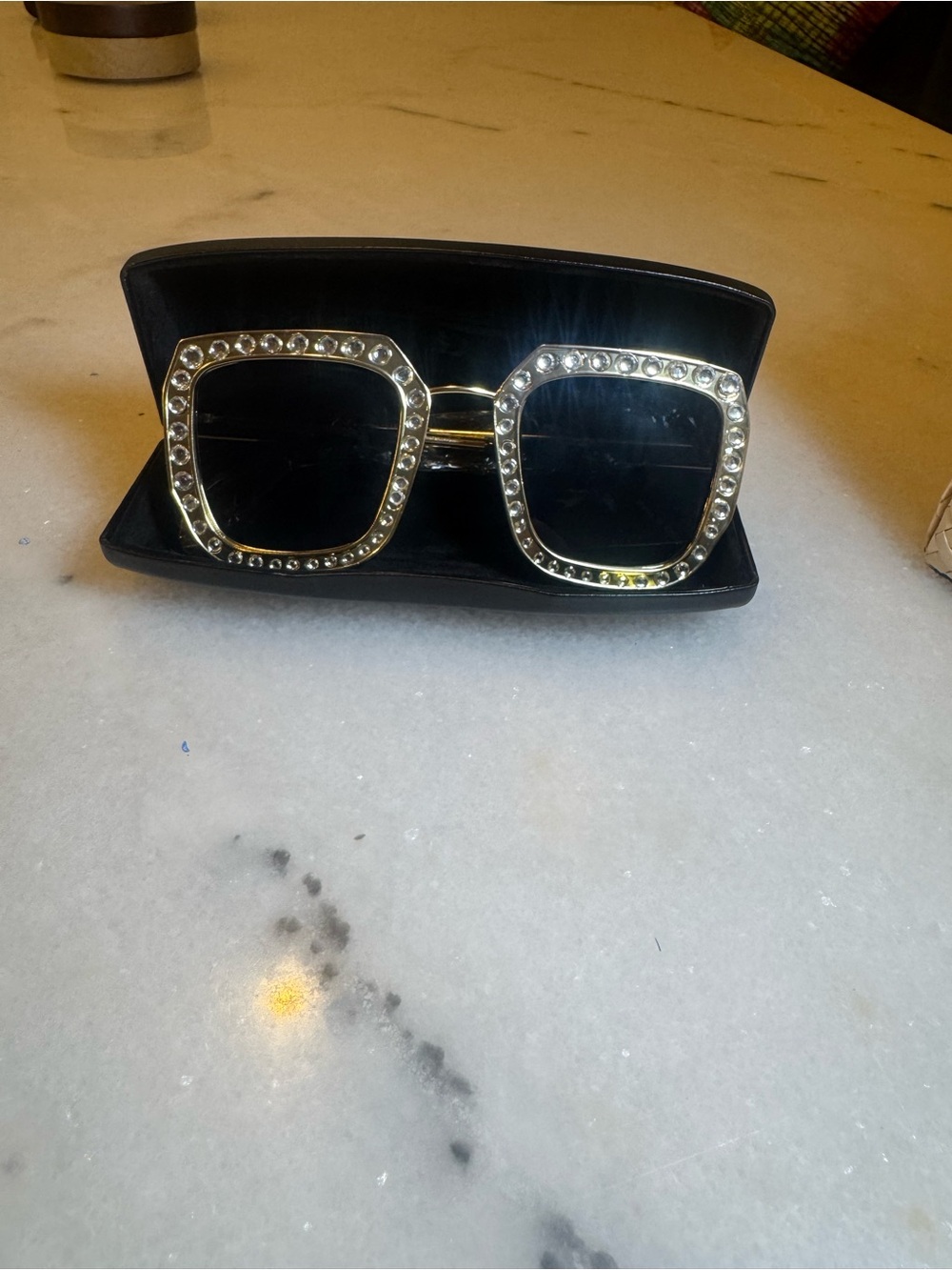 Gold-Trim Black Lens Women's Sunglasses with Crystal Accents